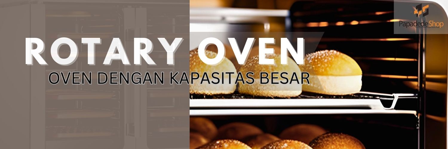 Rotary Oven, sebuah peralatan dapur yang digunakan untuk memanggang roti dan kue dalam jumlah besar secara seragam dan efisien. Dilengkapi dengan pintu kaca, sistem kontrol suhu digital, dan roda untuk memudahkan pergerakan. Cocok untuk penggunaan di toko roti, kafe, atau pabrik roti
