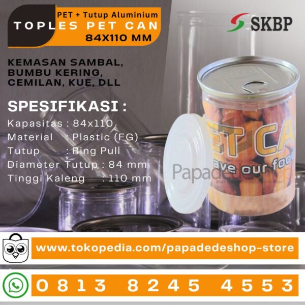 Toples pet can 84X110, ANEKA KEMASAN TOPLES PLASTIK TUTUP ALUMUNIUM, COCOK UNTUK KEMASAN SAMBAL, BUMBU KERING, CEMILAN, KUE, DLL