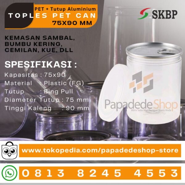 Toples pet can 75x90 ANEKA KEMASAN TOPLES PLASTIK TUTUP ALUMUNIUM, COCOK UNTUK KEMASAN SAMBAL, BUMBU KERING, CEMILAN, KUE, DLL