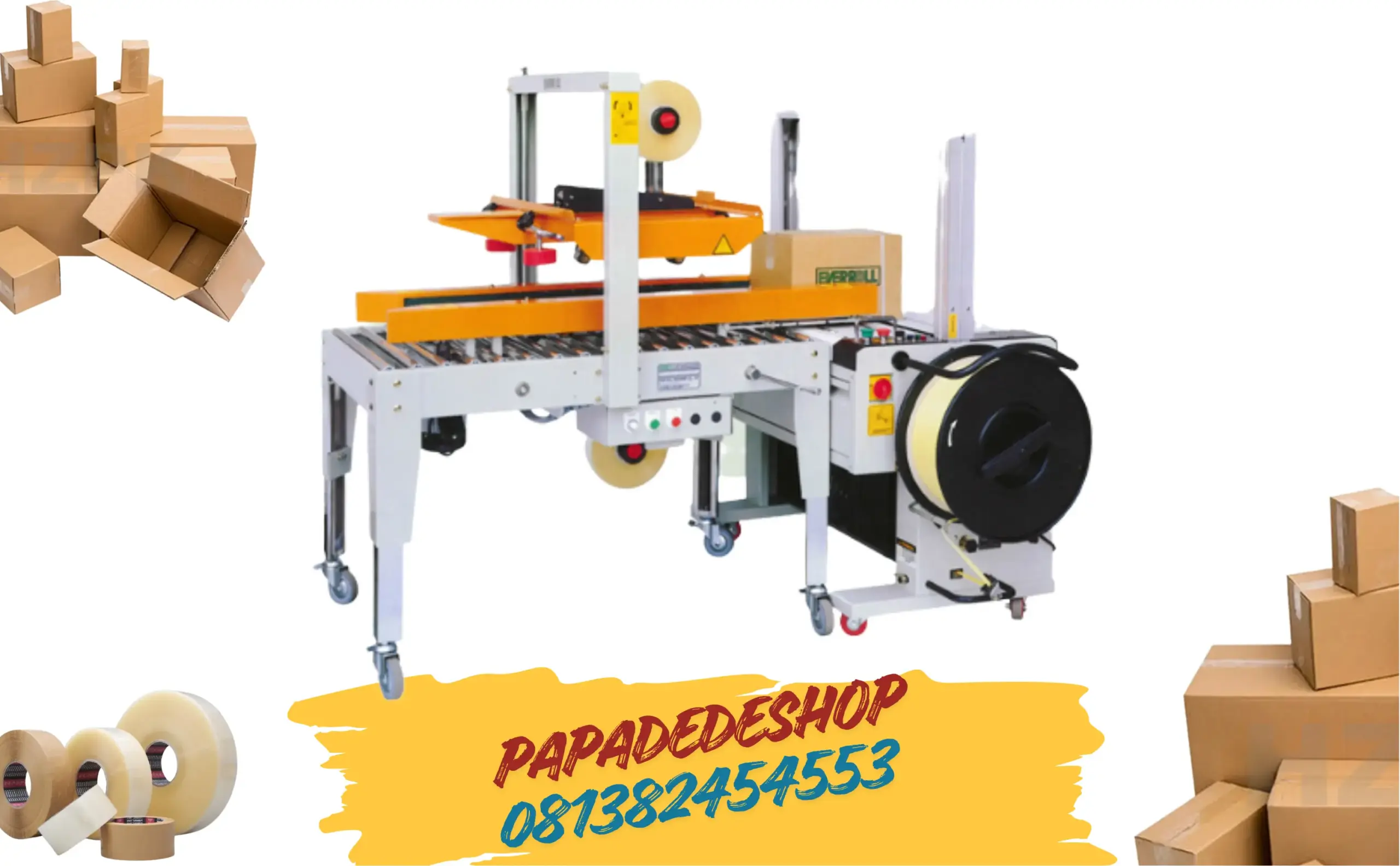 Jual Mesin Carton Sealer Lakban Kardus Pita Penyegel Kotak Karton Auto Uniform Carton Sealer Machine and Strapping Machine EC-701BL + ES-108