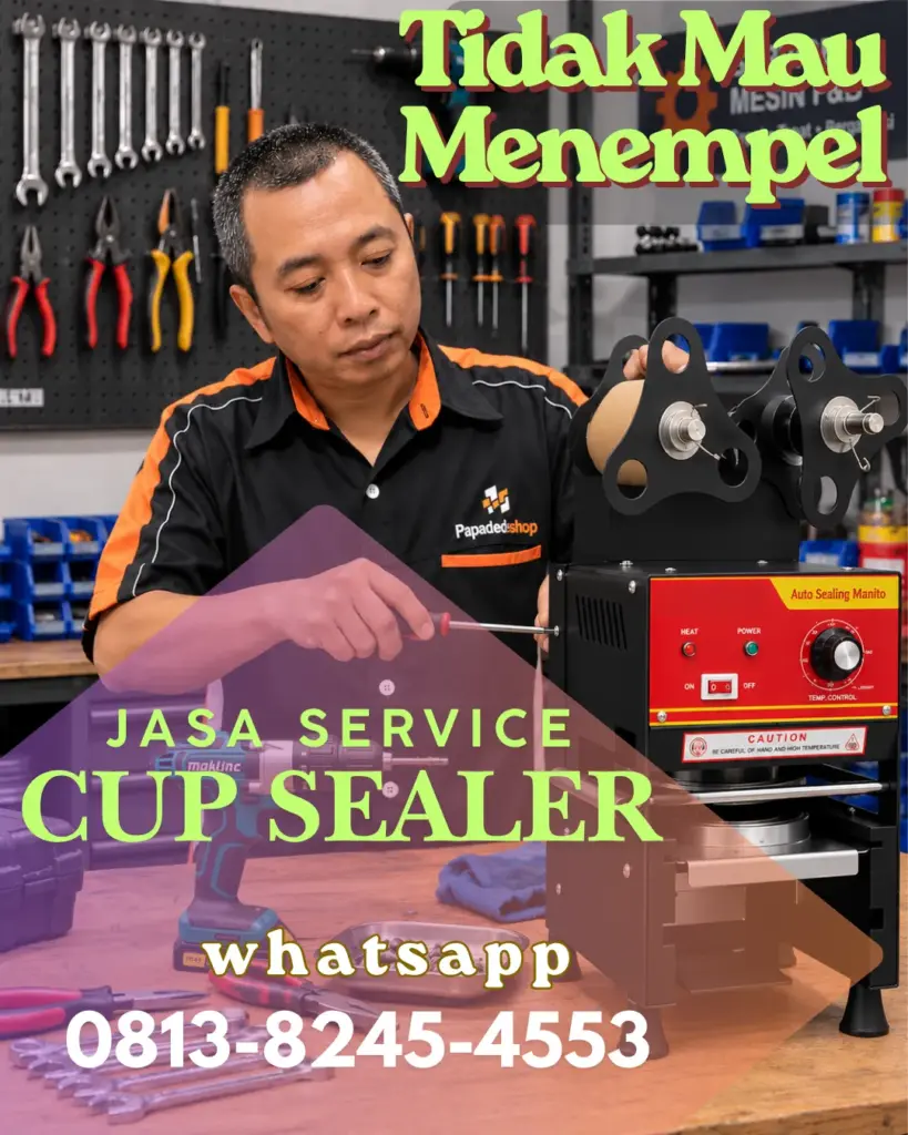 jasa perbaikan mesin cup sealer press gelas tidak mau panas dan nempel di jakarta